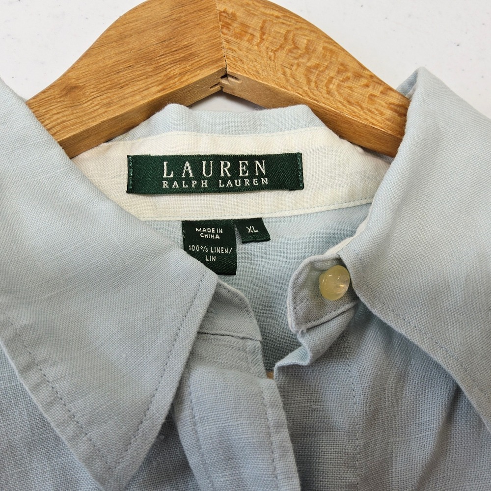 Lauren Ralph Lauren Linen Button Down Shirt Womens XL Light Blue Roll Tab Sleeve - Picture 10 of 12